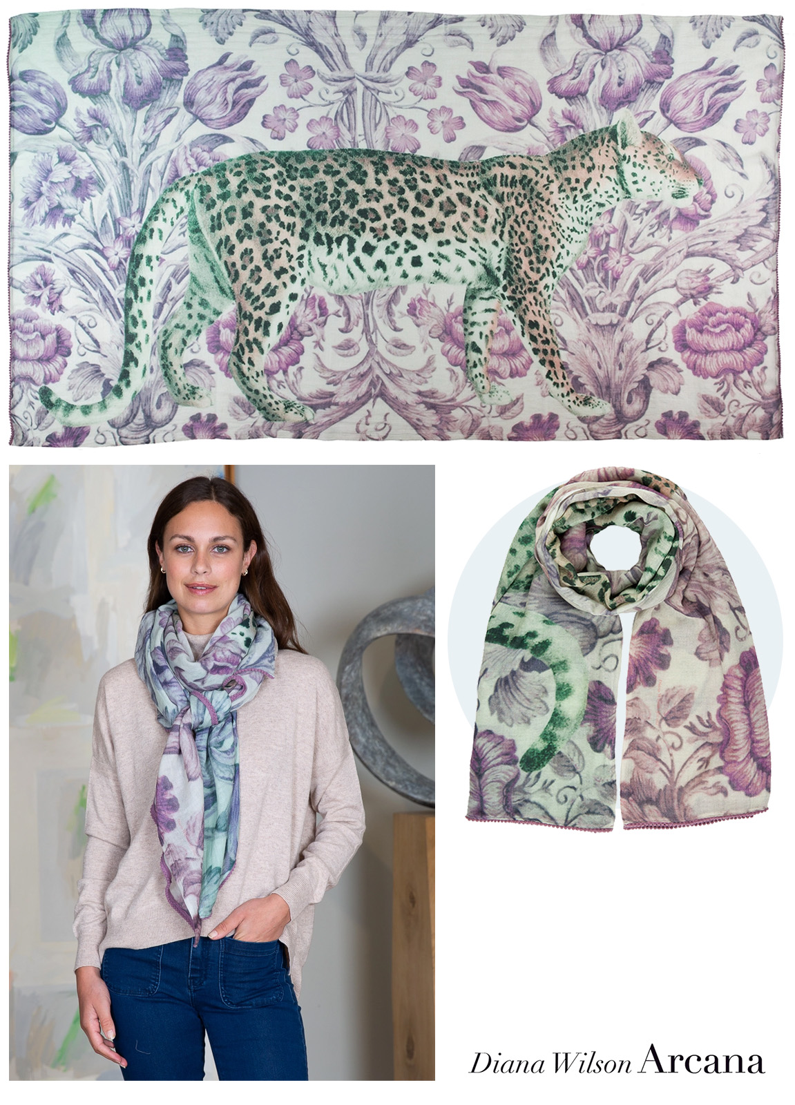 Lavender Leopard Wool Scarf by Diana Wilson Arcana